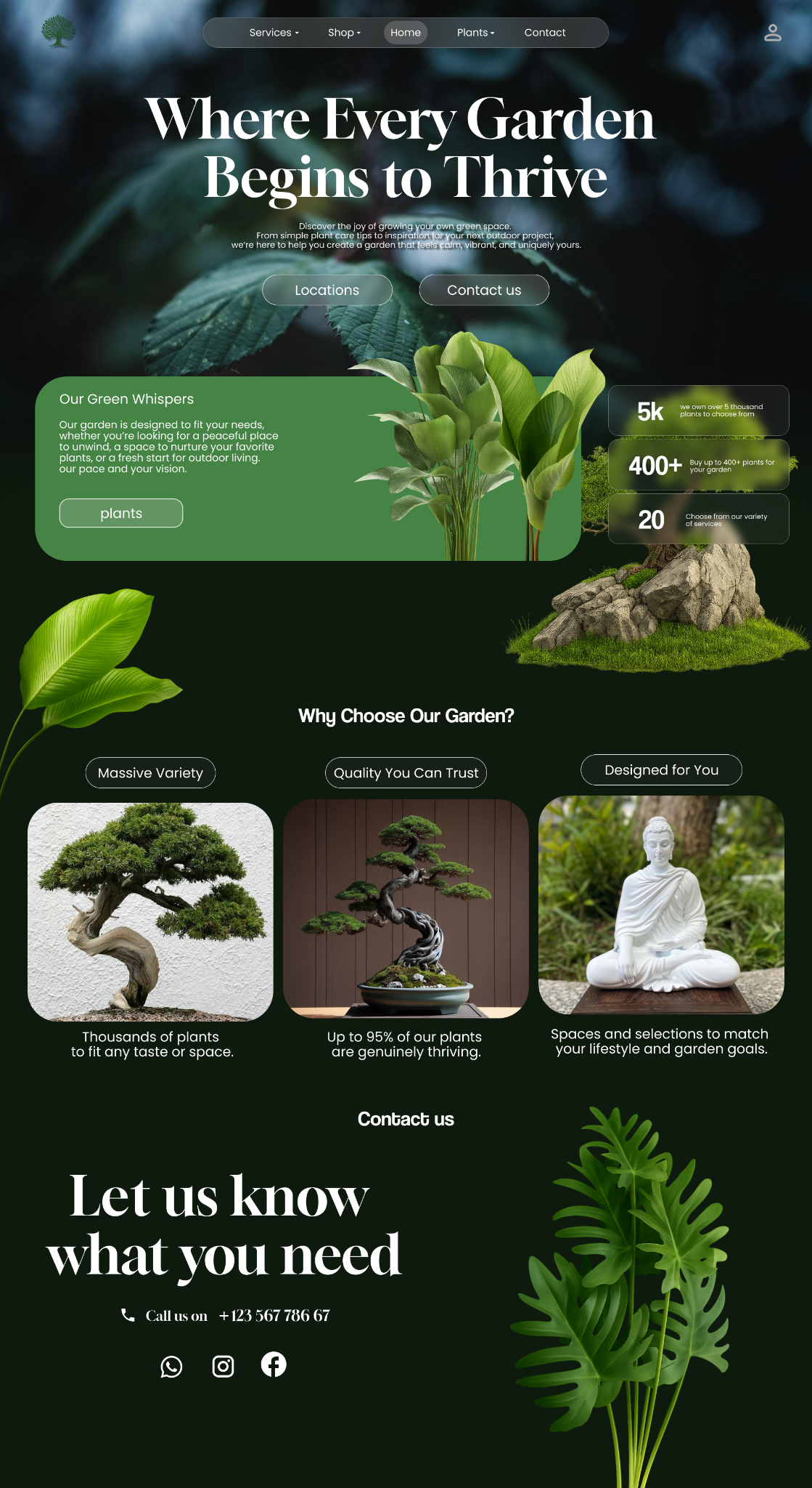 Garden website concept — editorial homepage with layered plant imagery