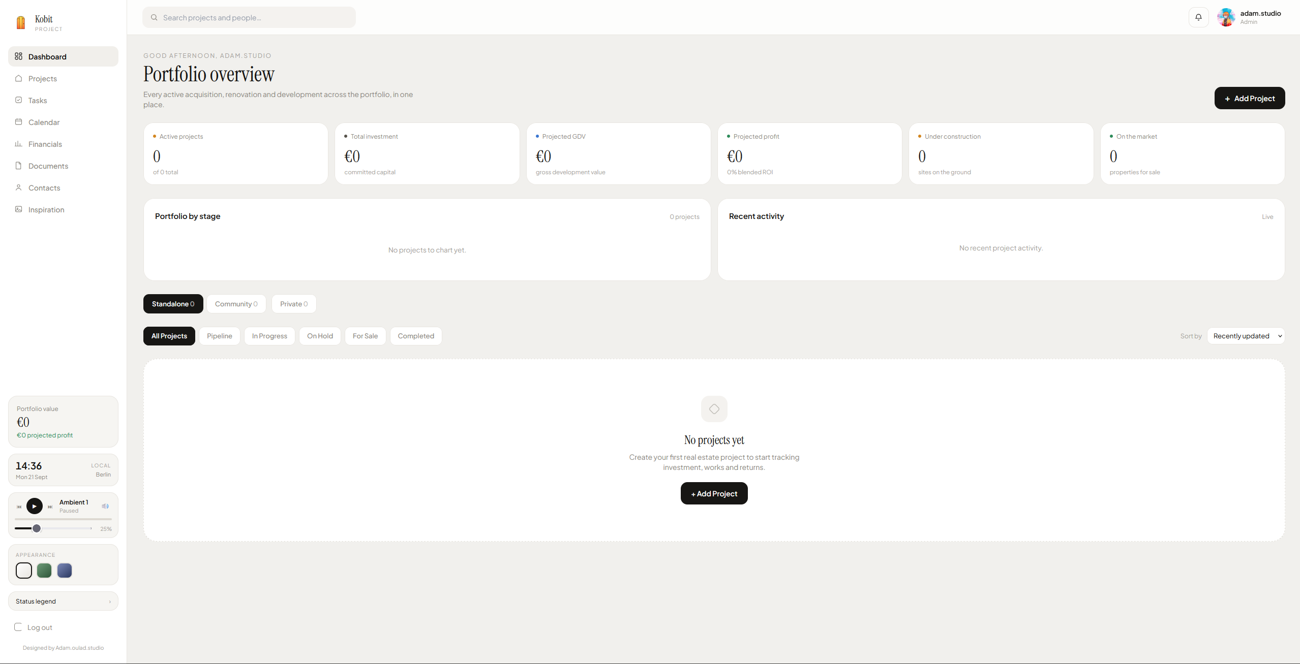 Kobit Project dashboard showing portfolio overview, investment totals and project stages