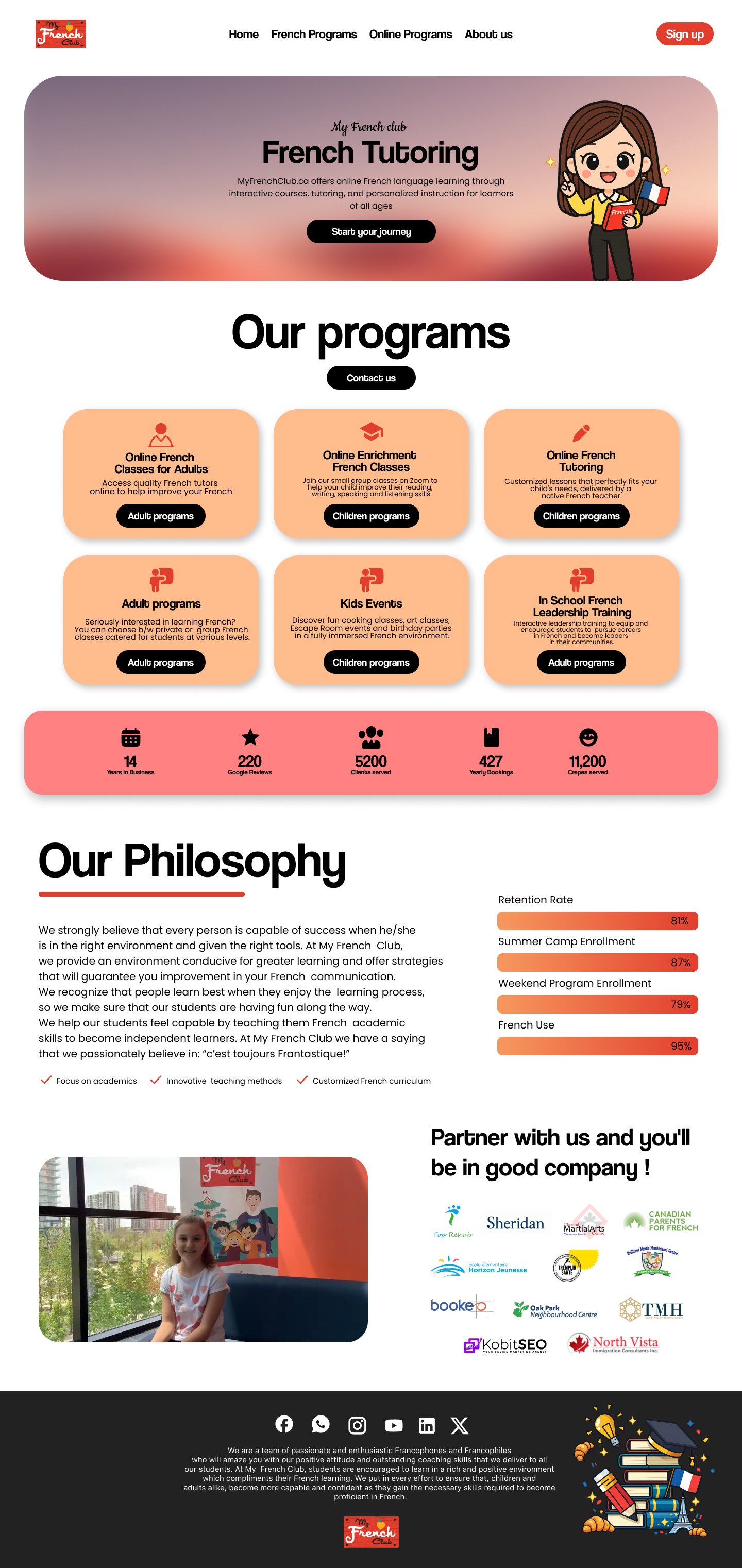 My French Club website design — tutoring hero and program cards